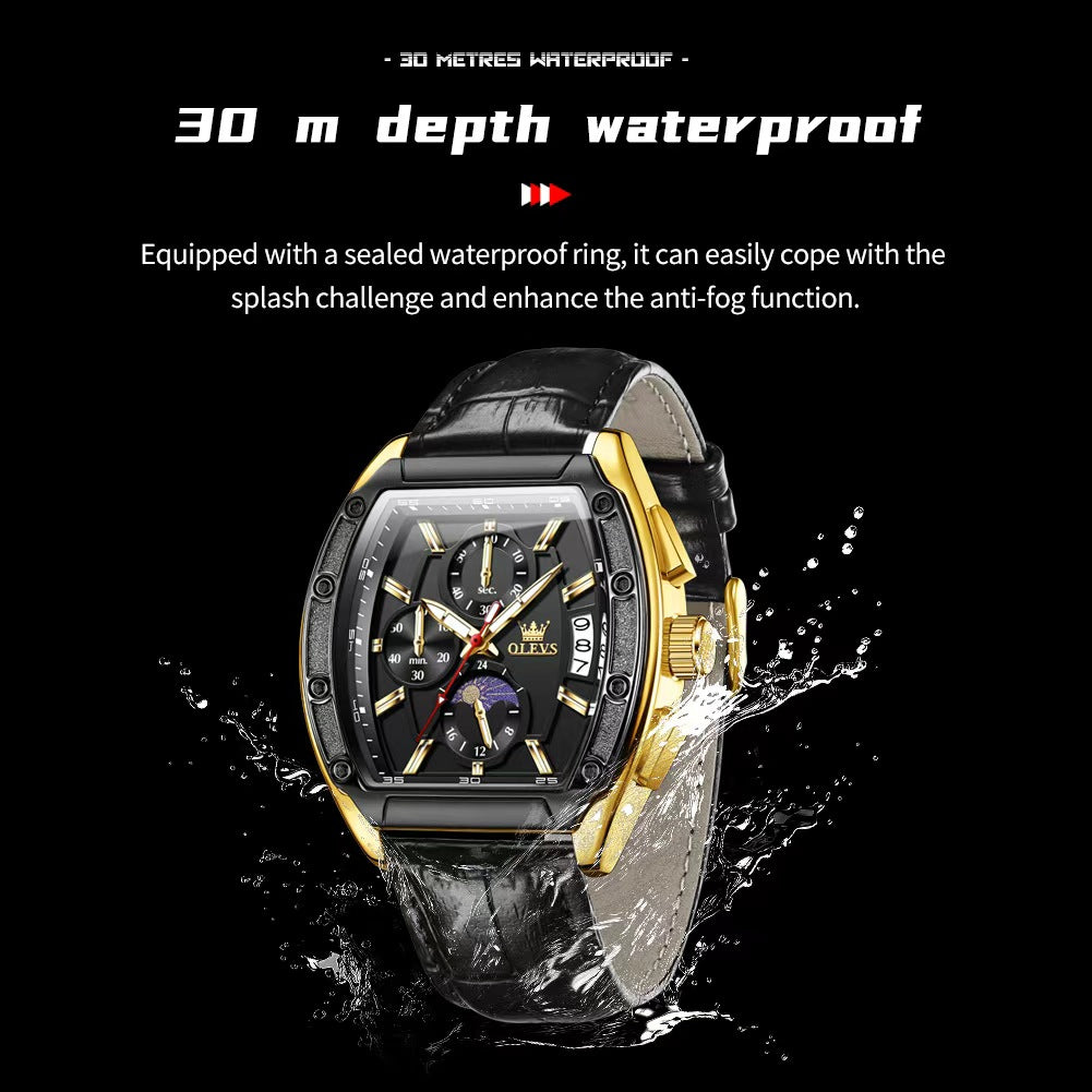 OLEVS 3661 Date Display Fashion New Men's Quartz Luminous Black Genuine Leather Strap Dial Watch Unique Design Watches