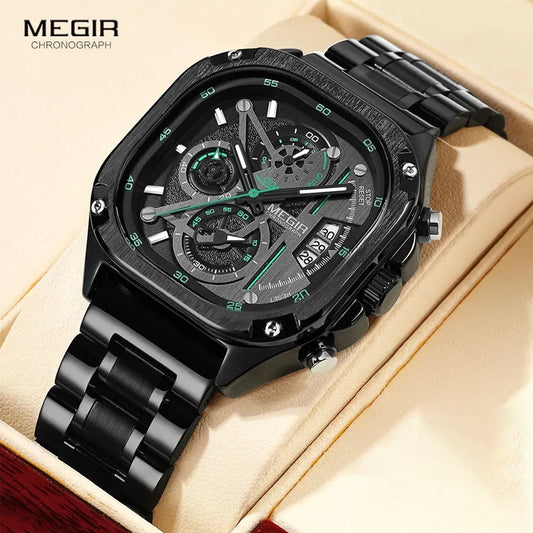 MEGIR 2217 Sport Orange Silicone Strap Quartz Watch Men Fashion Luminous Tonneau Dial Chronograph Wristwatch with Date