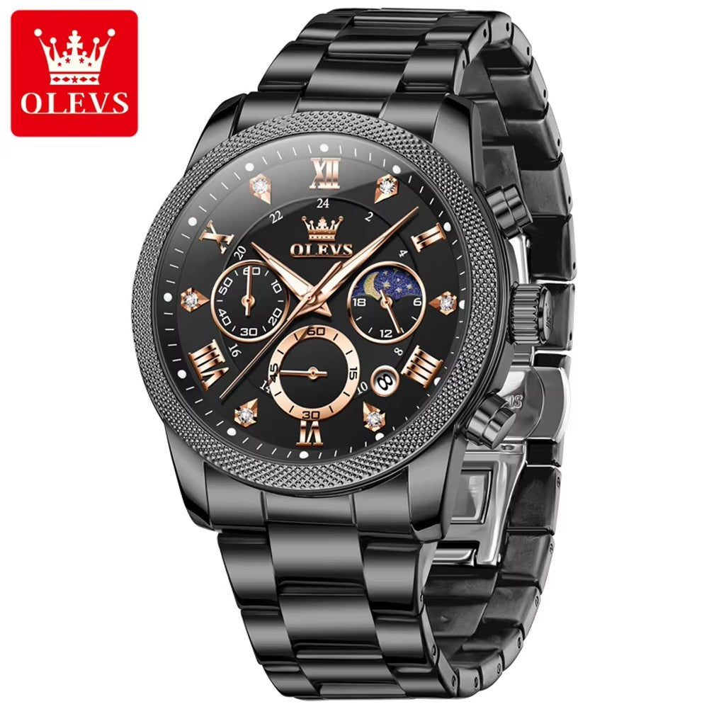 OLEVS 3660 Top Brand Watch Fashion Sports Rose Black Stainless Steel Waterproof Multifunctional Calendar Quartz Watch for Men