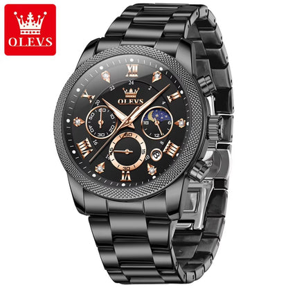 OLEVS 3660 Top Brand Watch Fashion Sports Rose Black Stainless Steel Waterproof Multifunctional Calendar Quartz Watch for Men