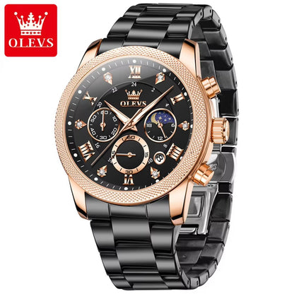 OLEVS 3660 Top Brand Watch Fashion Sports Rose Black Stainless Steel Waterproof Multifunctional Calendar Quartz Watch for Men