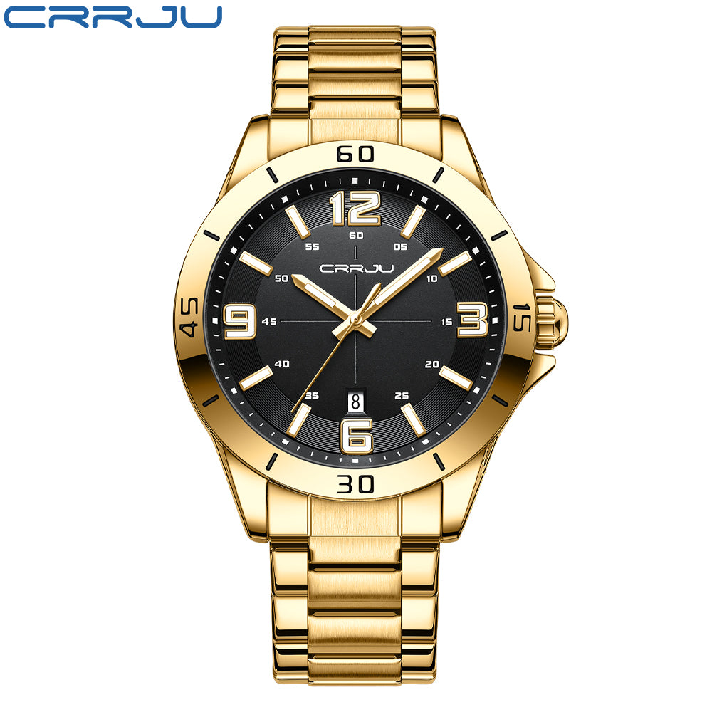 CRRJU 5003 Classic Gold Mens Quartz Watch 2022 Stainless Steel Band Waterproof Calendar in Stock Stylish Business Wrist Watch
