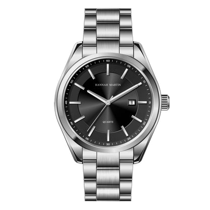 QUARTZ WATCH Hannah Martin Calendar Business Casual Men's Black King Watch Steel Band Student Trendy Waterproof Men