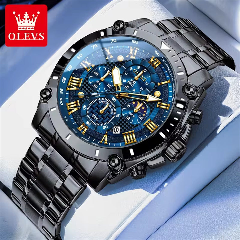OLEVS 3689 Men's Stainless Steel Band Quartz Watch Luxury Business Hand Watch Analog Moon Phase Date Hot Sell