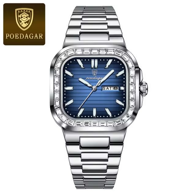 POEDAGAR 975 Luxury Man Watch Quartz Waterproof Luminous Days Week Stainless Steel Men Wristwatc