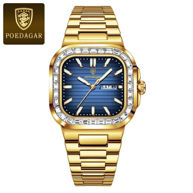 POEDAGAR 975 Luxury Man Watch Quartz Waterproof Luminous Days Week Stainless Steel Men Wristwatc
