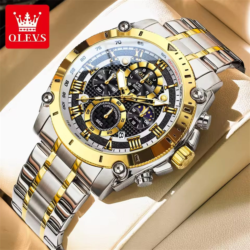 OLEVS 3689 Men's Stainless Steel Band Quartz Watch Luxury Business Hand Watch Analog Moon Phase Date Hot Sell