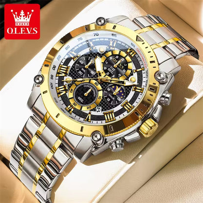 OLEVS 3689 Men's Stainless Steel Band Quartz Watch Luxury Business Hand Watch Analog Moon Phase Date Hot Sell