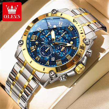 OLEVS 3689 Men's Stainless Steel Band Quartz Watch Luxury Business Hand Watch Analog Moon Phase Date Hot Sell