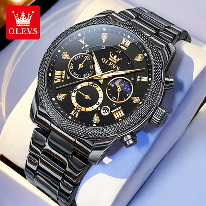 OLEVS 3660 Top Brand Watch Fashion Sports Rose Black Stainless Steel Waterproof Multifunctional Calendar Quartz Watch for Men