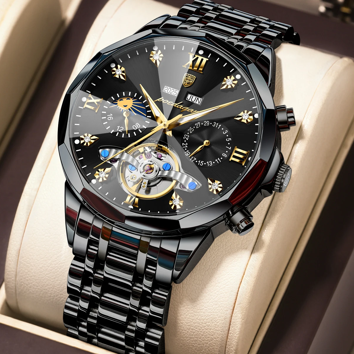Poedagar 1422 Men Luxury Watch Hollow Tourbillon Stainless Steel Waterproof Automatic Mechanical Wrist Watch for Men