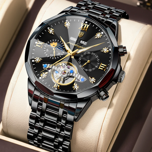 Poedagar 1422 Men Luxury Watch Hollow Tourbillon Stainless Steel Waterproof Automatic Mechanical Wrist Watch for Men
