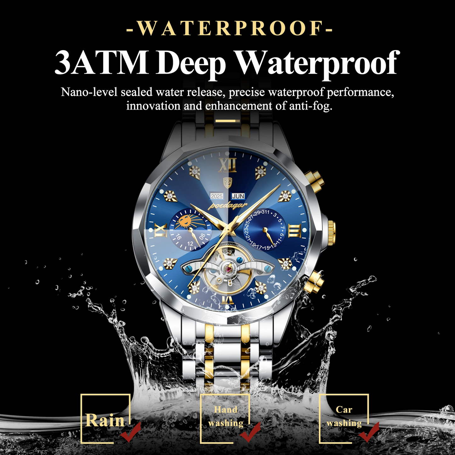 Poedagar 1422 Men Luxury Watch Hollow Tourbillon Stainless Steel Waterproof Automatic Mechanical Wrist Watch for Men
