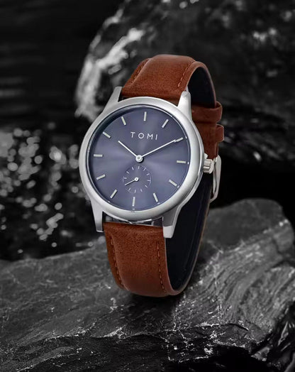 TOMI T088 Dual Dial Quartz Watch Antique 40mm Glass Dial Business Leather Band 20mm Width  Simple Size Elegant Style