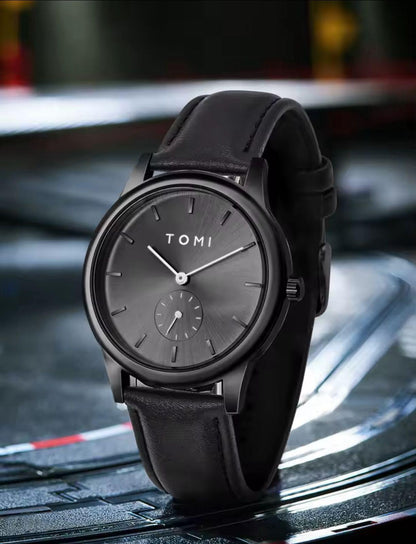 TOMI T088 Dual Dial Quartz Watch Antique 40mm Glass Dial Business Leather Band 20mm Width  Simple Size Elegant Style