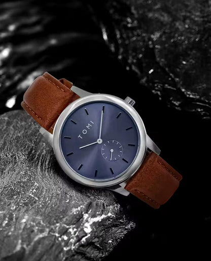 TOMI T088 Dual Dial Quartz Watch Antique 40mm Glass Dial Business Leather Band 20mm Width  Simple Size Elegant Style