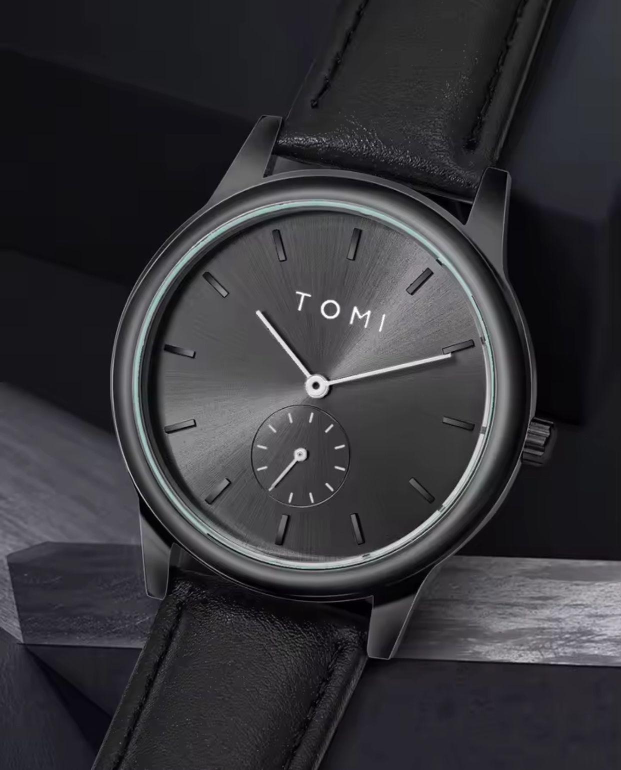TOMI T088 Dual Dial Quartz Watch Antique 40mm Glass Dial Business Leather Band 20mm Width  Simple Size Elegant Style