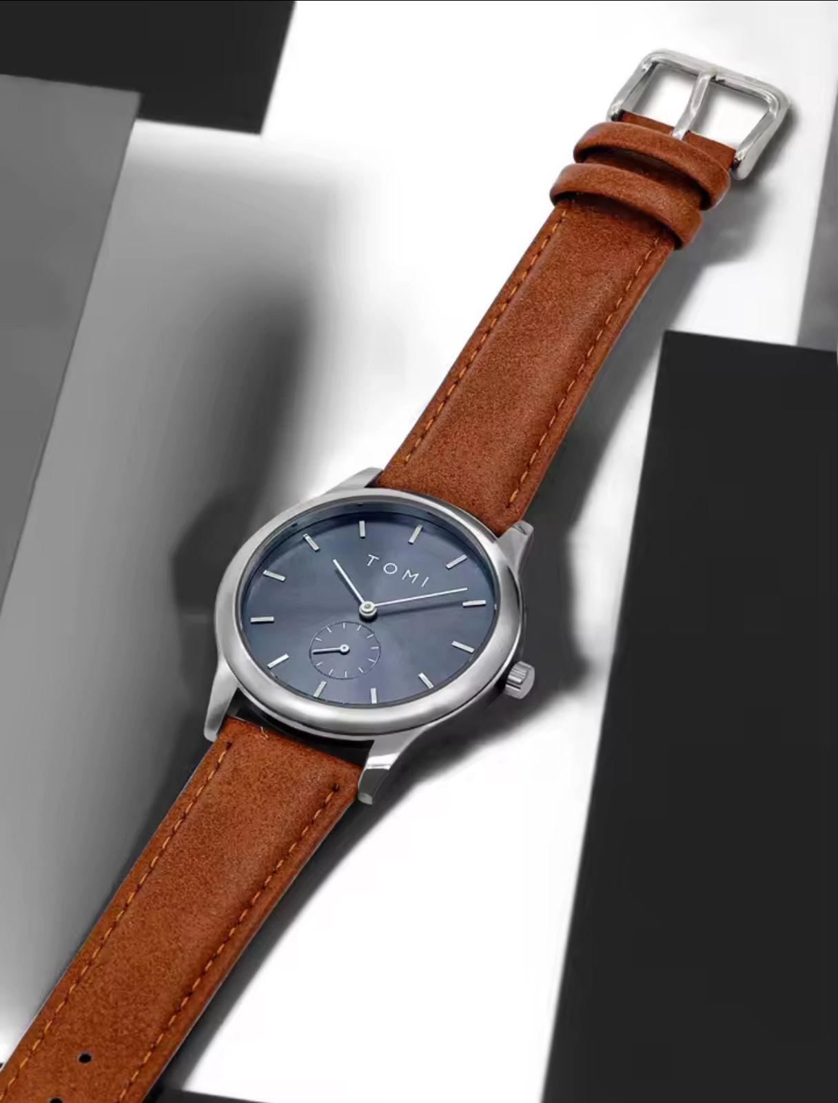 TOMI T088 Dual Dial Quartz Watch Antique 40mm Glass Dial Business Leather Band 20mm Width  Simple Size Elegant Style
