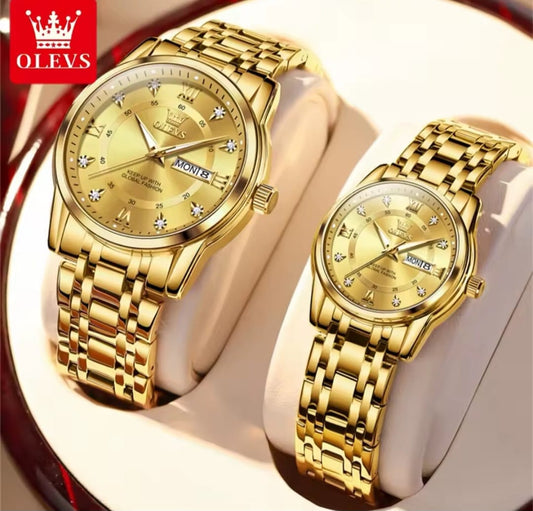 OLEVS 2906 Quartz Watches for Couple Men Women Gold Luxury Wristwatch Stainless Steel Rhombus Strap Waterproof Diamond Watch