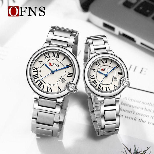 OFNS 1512 Couple Set Hot Sale Luxury Quartz Couple Watch for Men Women Stainless Steel Waterproof Set Roman Numerals Calendar 22mm Antique Glass