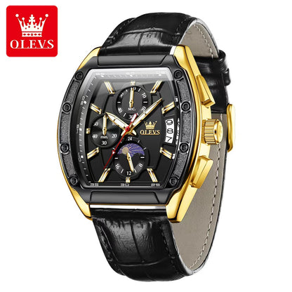 OLEVS 3661 Date Display Fashion New Men's Quartz Luminous Black Genuine Leather Strap  Dial Watch Unique Design Watches