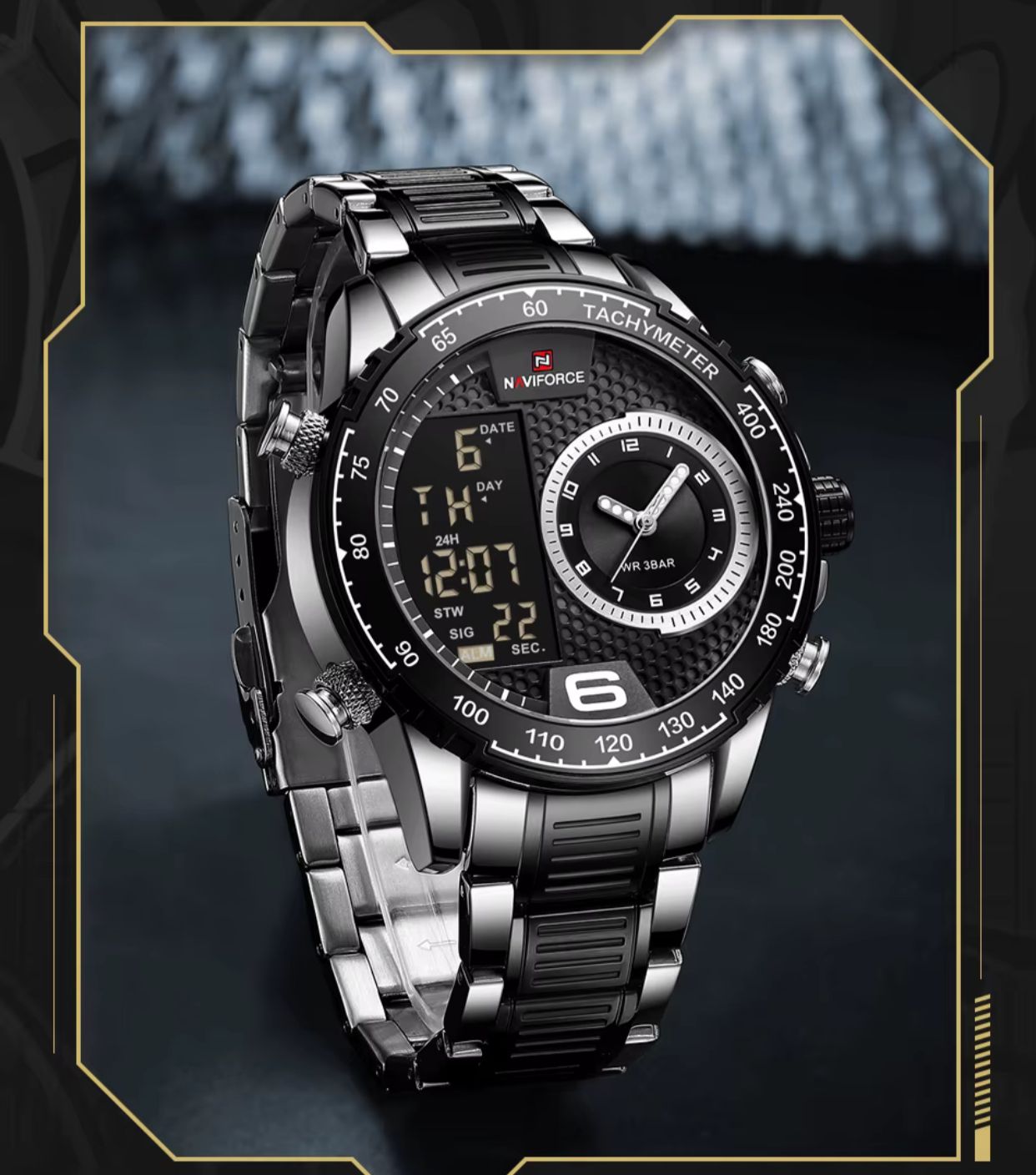 Brand NAVIFORCE 9199 Chic Classic Men Watch Sport Sport Gold Stainless Steel Man Wristwatch Quartz Digital Male Clock for Men