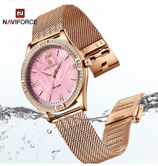 NAVIFORCE 5028 Top Luxury Brand Rose Gold Women Watch Quartz Lady Original Waterproof Wristwatch Mesh Stainless Steel Female Clock