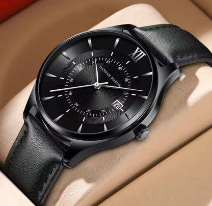 HANNAH MARTIN 1231 New Design Black Leather Business Calendar Wrist Watch Sports 30M Waterproof Watches for Men