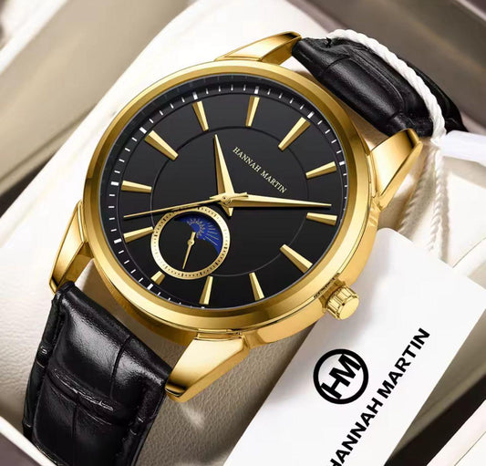 HANNAH MARTIN HM-1631 Watch Factory Original  Black Minimalist Leather Watch Mens Fashion Casual Quartz Wrist Watch