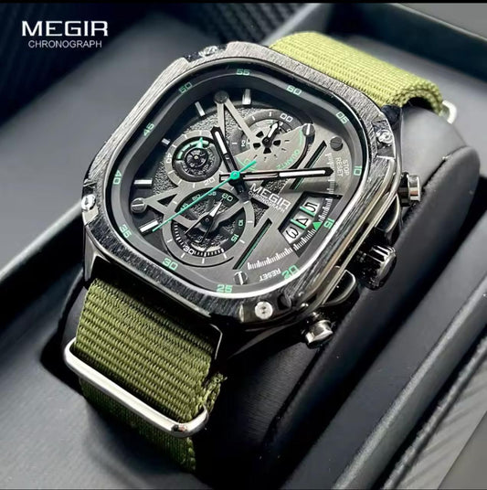 MEGIR 2217 Sport Orange Silicone Strap Quartz Watch Men Fashion Luminous Tonneau Dial Chronograph Wristwatch with Date