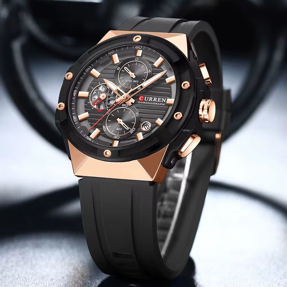 CURREN 8462 Men's Chronograph Quartz Watch with Silicone Strap Luminous Hands Multifunction Dial Waterproof Casual Sport Style