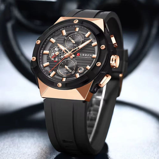 CURREN 8462 Men's Chronograph Quartz Watch with Silicone Strap Luminous Hands Multifunction Dial Waterproof Casual Sport Style