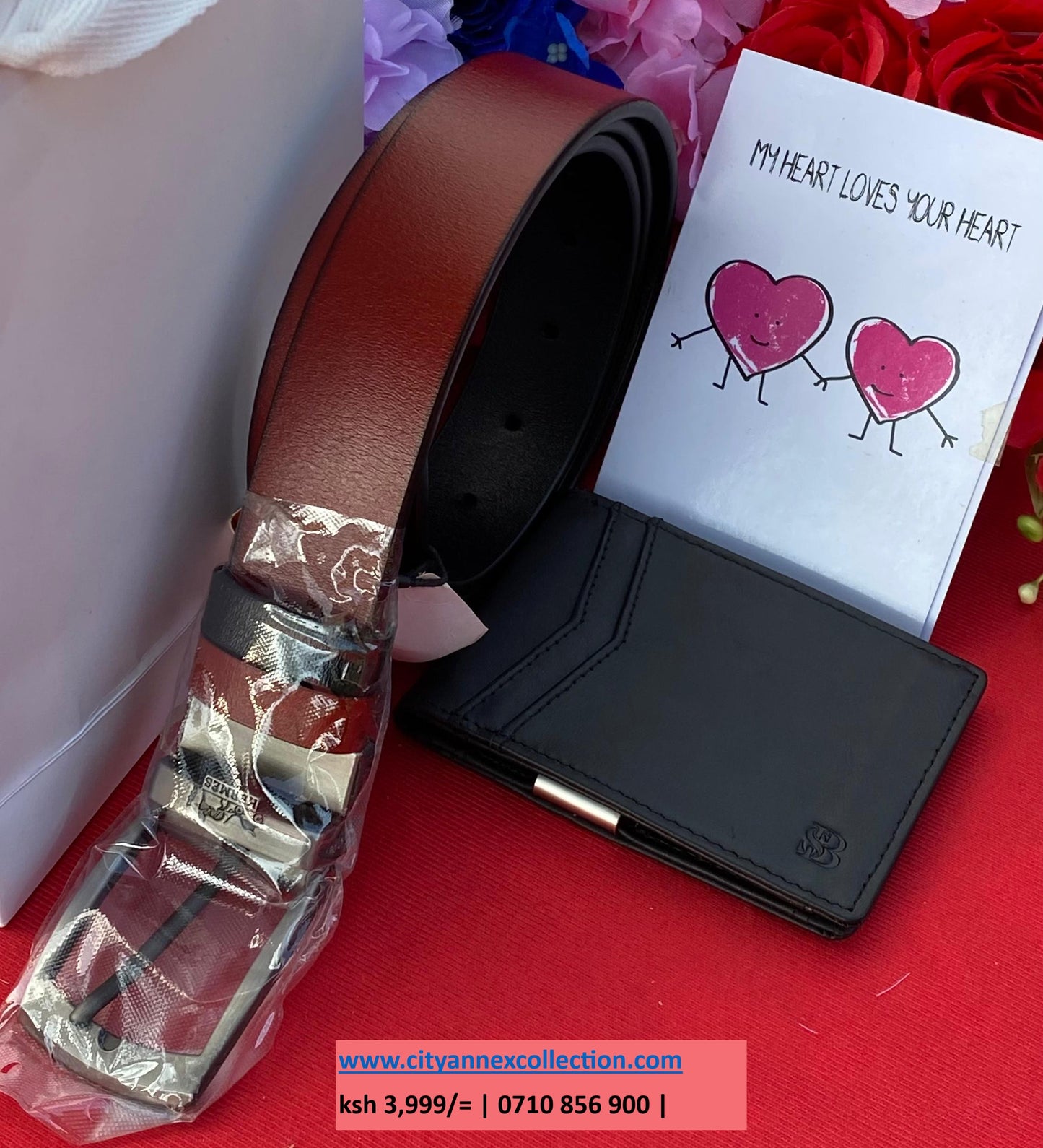 Valentine Men Gift Set Double sided Leather Belt and Wallet