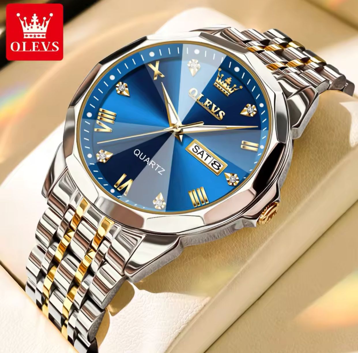 OLEVS 9931 Men's Couple women Luxury Stainless Steel Wristwatch Original Quartz Rhombus Mirror Waterproof Luminous Feature Glass Dial