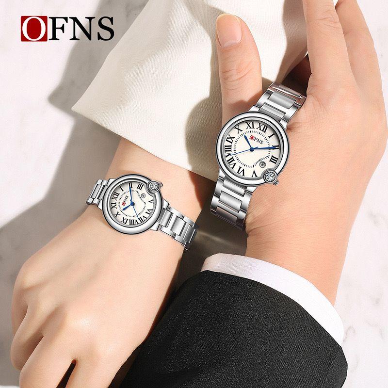 OFNS 1512 Couple Set Hot Sale Luxury Quartz Couple Watch for Men Women Stainless Steel Waterproof Set Roman Numerals Calendar 22mm Antique Glass