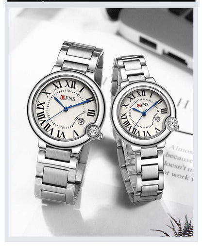 OFNS 1512 Couple Set Hot Sale Luxury Quartz Couple Watch for Men Women Stainless Steel Waterproof Set Roman Numerals Calendar 22mm Antique Glass