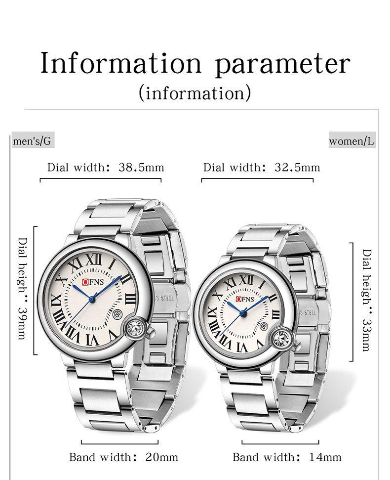 OFNS 1512 Couple Set Hot Sale Luxury Quartz Couple Watch for Men Women Stainless Steel Waterproof Set Roman Numerals Calendar 22mm Antique Glass