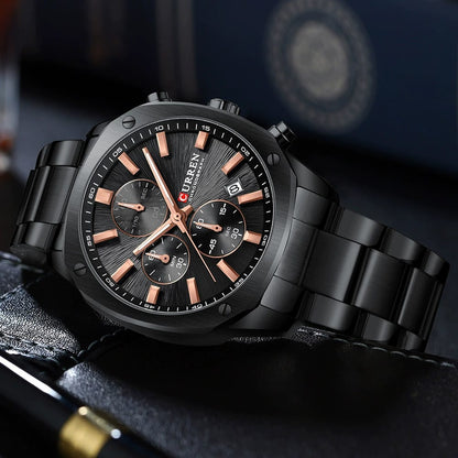 CURREN 8490 Quartz Chronograph Sport Watch Brands for Men Stainless Steel Multifunctional Dial Luminous Hands Waterproof Watches
