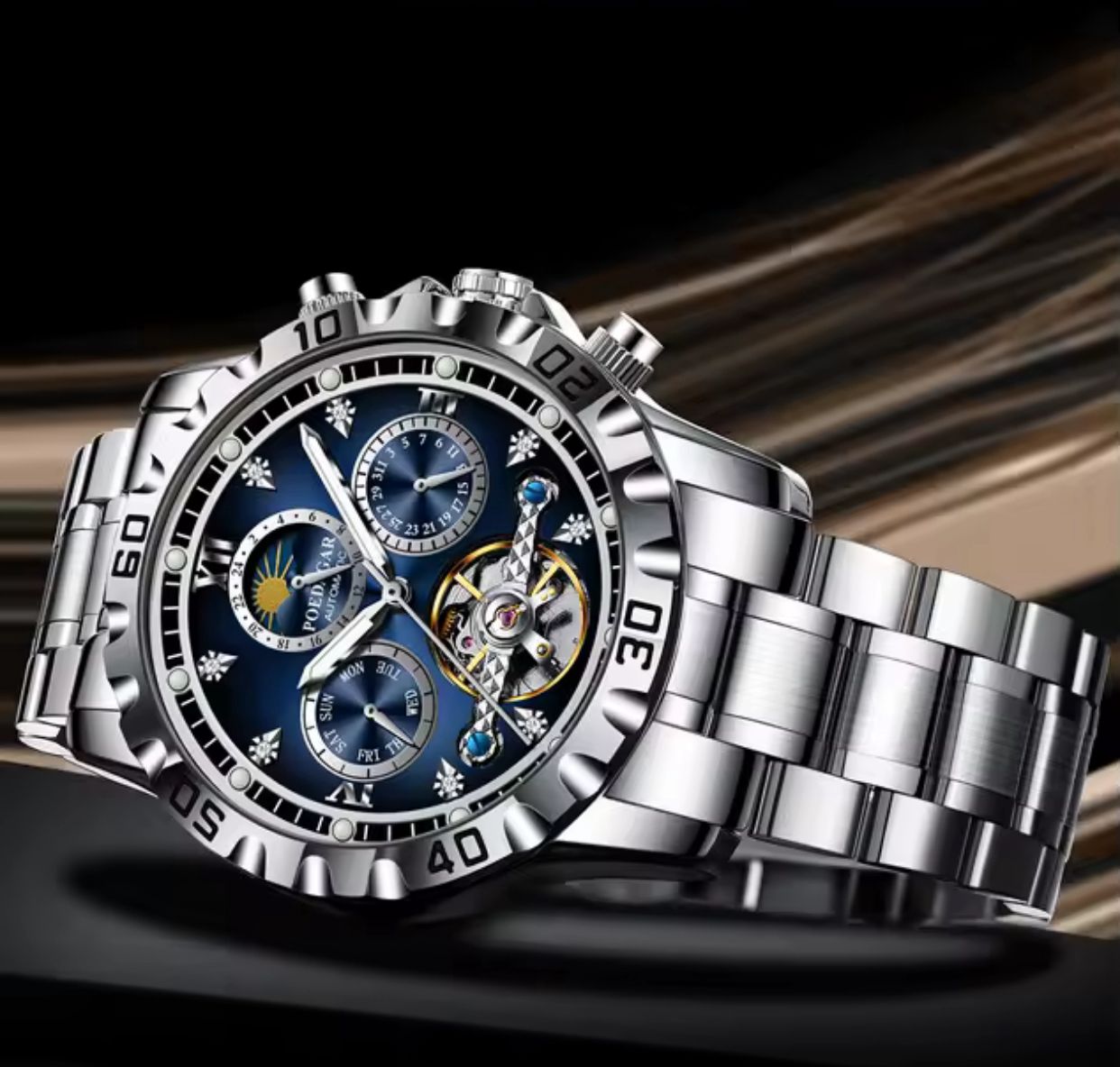 POEDAGAR 1423 Top Luxury Hollow Tourbillon Automatic Watch Stainless Steel Waterproof Chronograph Men Mechanical Watches for Men