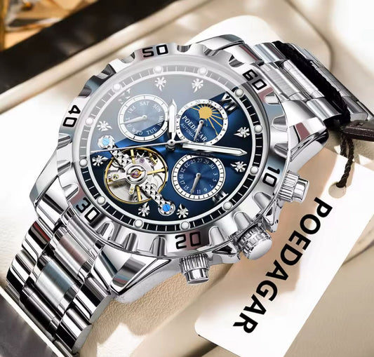 POEDAGAR 1423 Top Luxury Hollow Tourbillon Automatic Watch Stainless Steel Waterproof Chronograph Men Mechanical Watches for Men