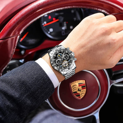 POEDAGAR 1423 Top Luxury Hollow Tourbillon Automatic Watch Stainless Steel Waterproof Chronograph Men Mechanical Watches for Men