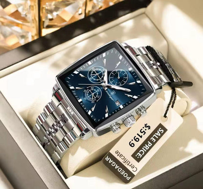 POEDAGAR 866 Square Luxury Quartz Watches Waterproof Stainless Steel Mens Watch Chronograph Watch for Men