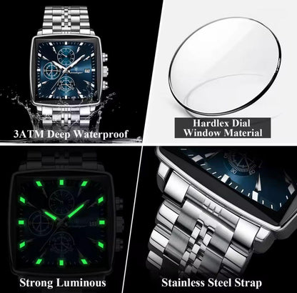 POEDAGAR 866 Square Luxury Quartz Watches Waterproof Stainless Steel Mens Watch Chronograph Watch for Men