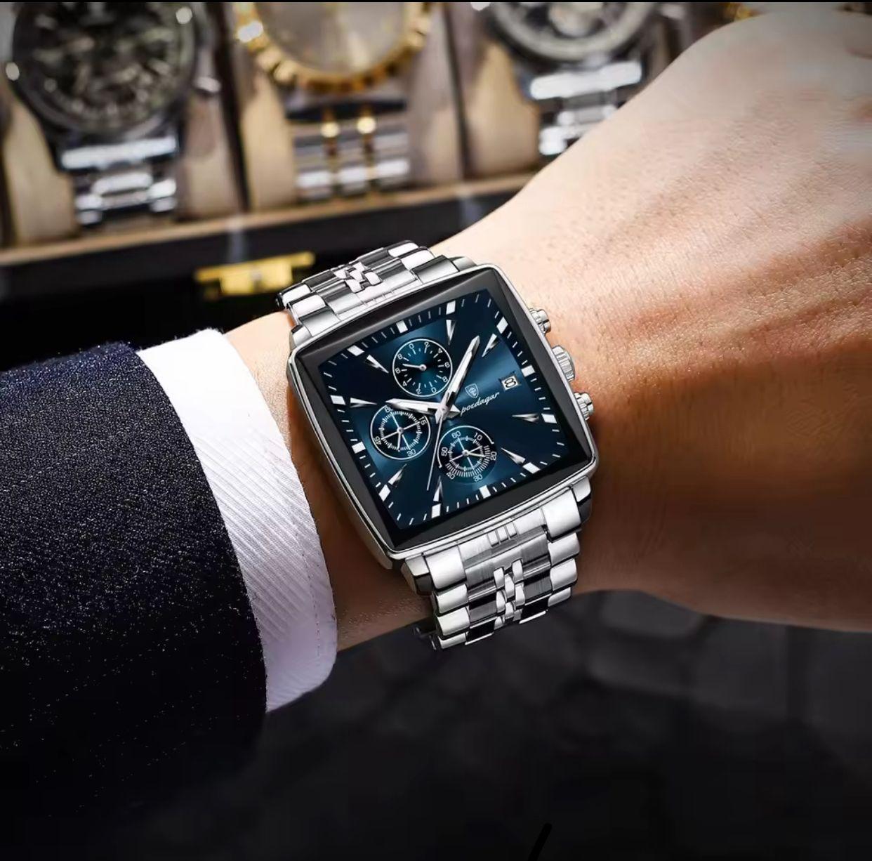 POEDAGAR 866 Square Luxury Quartz Watches Waterproof Stainless Steel Mens Watch Chronograph Watch for Men
