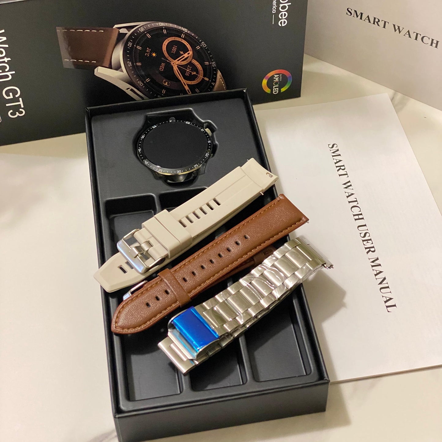 KALOBEE SK37 GT3 3 Pair Straps Bt Call AI Voice Music Player NFC Rotate Button Always on Display Wireless Charging SK37 Smart Watch Watch