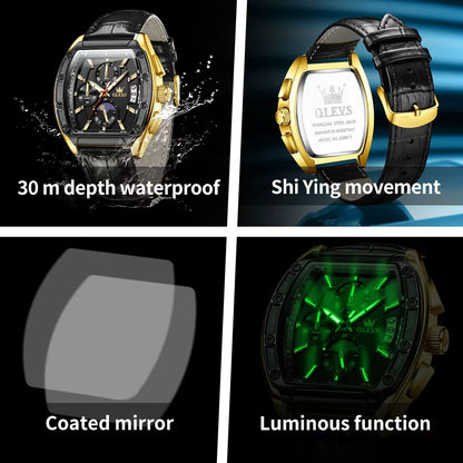 OLEVS 3661 Date Display Fashion New Men's Quartz Luminous Black Genuine Leather Strap  Dial Watch Unique Design Watches