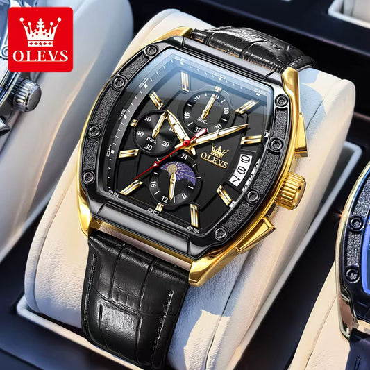 OLEVS 3661 Date Display Fashion New Men's Quartz Luminous Black Genuine Leather Strap  Dial Watch Unique Design Watches