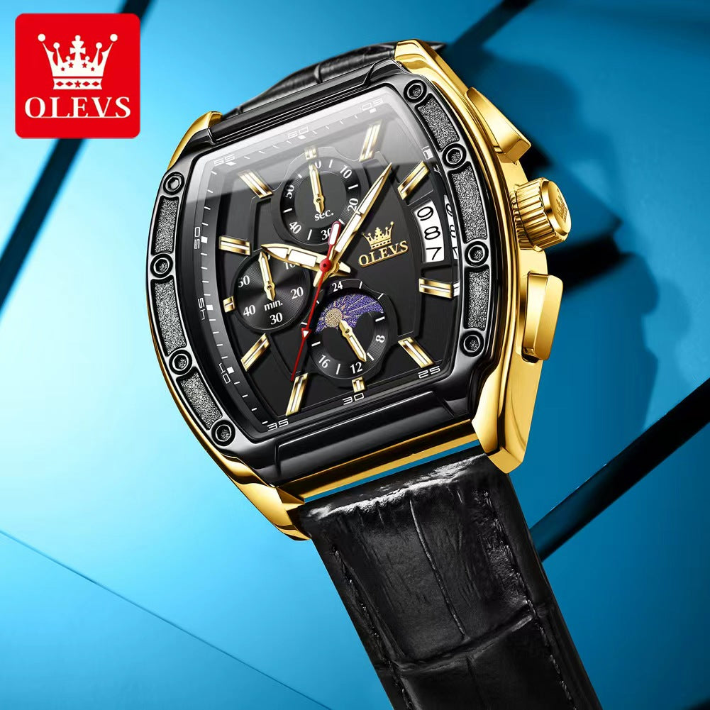 OLEVS 3661 Date Display Fashion New Men's Quartz Luminous Black Genuine Leather Strap  Dial Watch Unique Design Watches