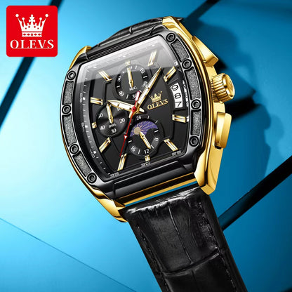OLEVS 3661 Date Display Fashion New Men's Quartz Luminous Black Genuine Leather Strap  Dial Watch Unique Design Watches
