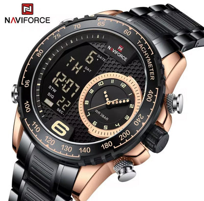 Brand NAVIFORCE 9199 Chic Classic Men Watch Sport Sport Gold Stainless Steel Man Wristwatch Quartz Digital Male Clock for Men